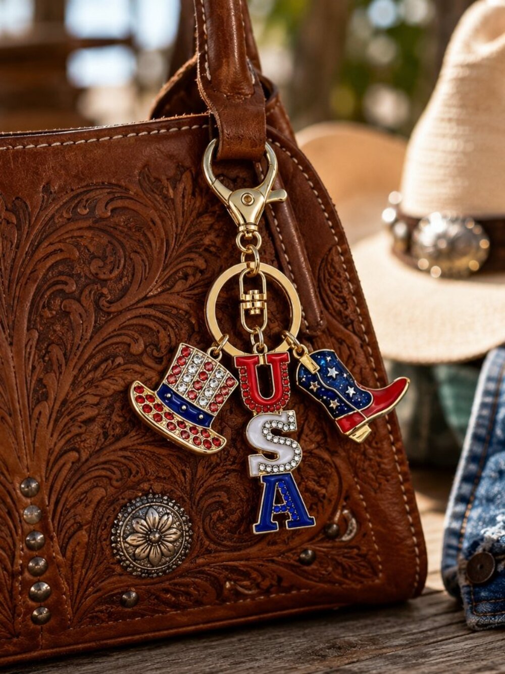 Cowgirl USA Bag Charm 🇺🇸 Patriotic Keychain Western Purse Accessory
